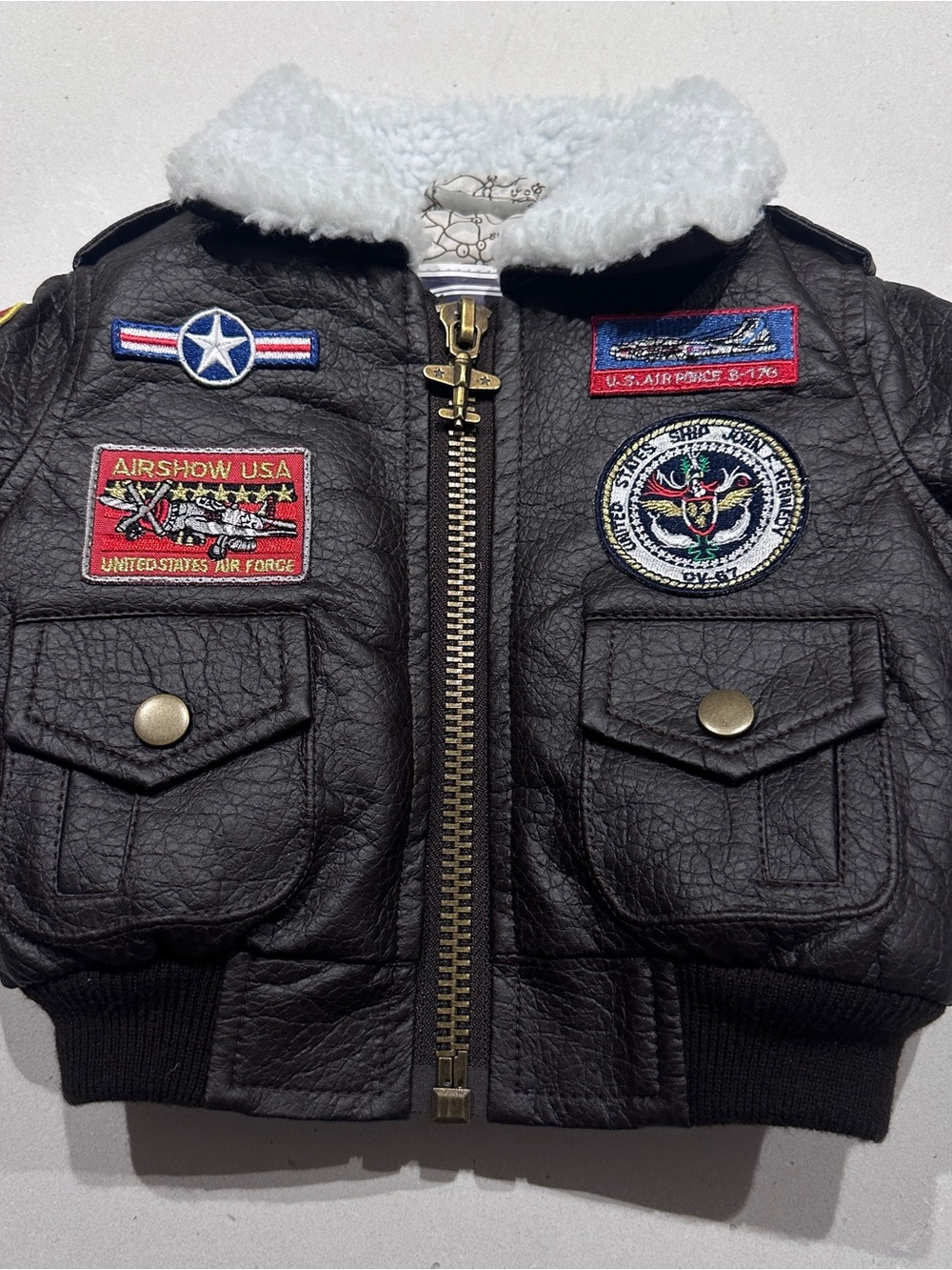 Kids Black Faux-Leather Aviator Puffer Jacket with Sherpa Collar